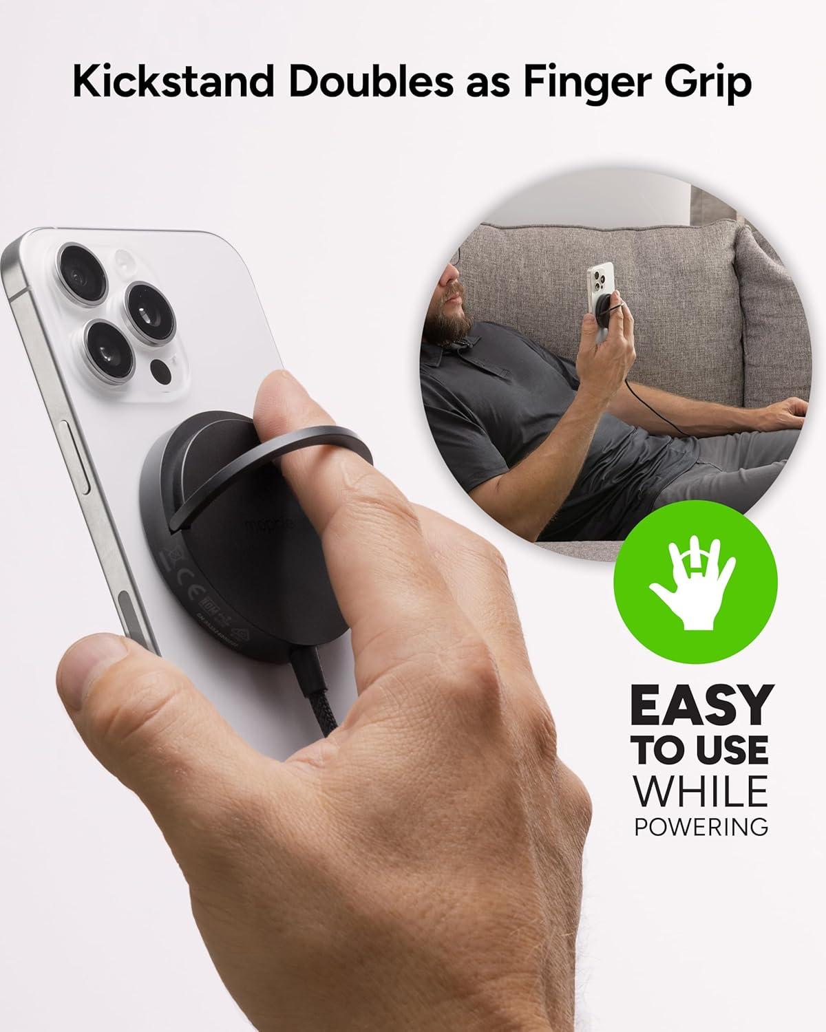 Mophie 15W Wireless Charging Pad with Kickstand - MagSafe and Qi2 Compatible for iPhone 16/15/14/13/12, AirPods Pro (2nd & 3rd Gen), Compact Travel Design with Integrated Cable, Black, photo 2 of 7
