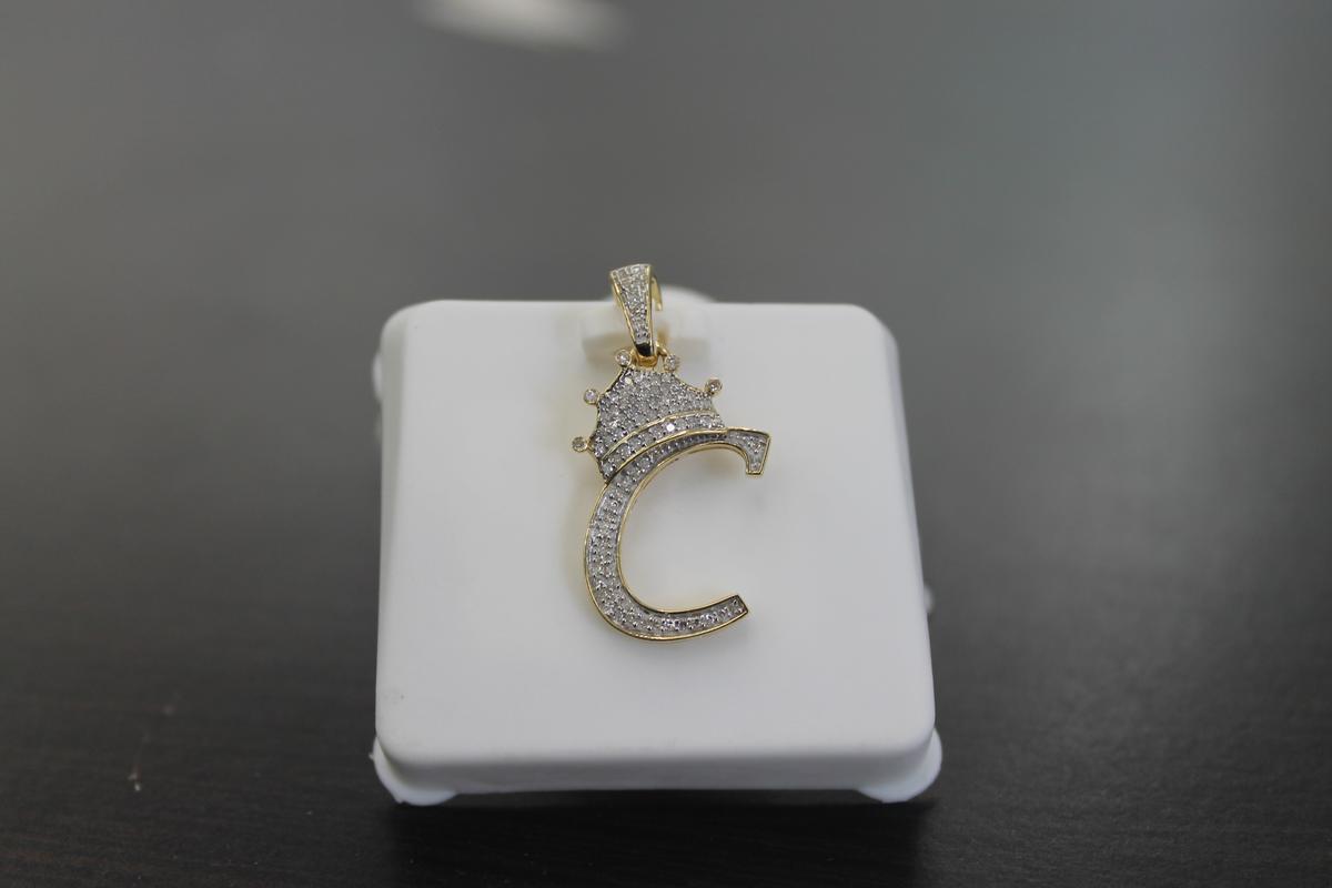 10K Gold With Natural Diamonds Initial C King Crown Minimalist Pendant, photo 2 of 3