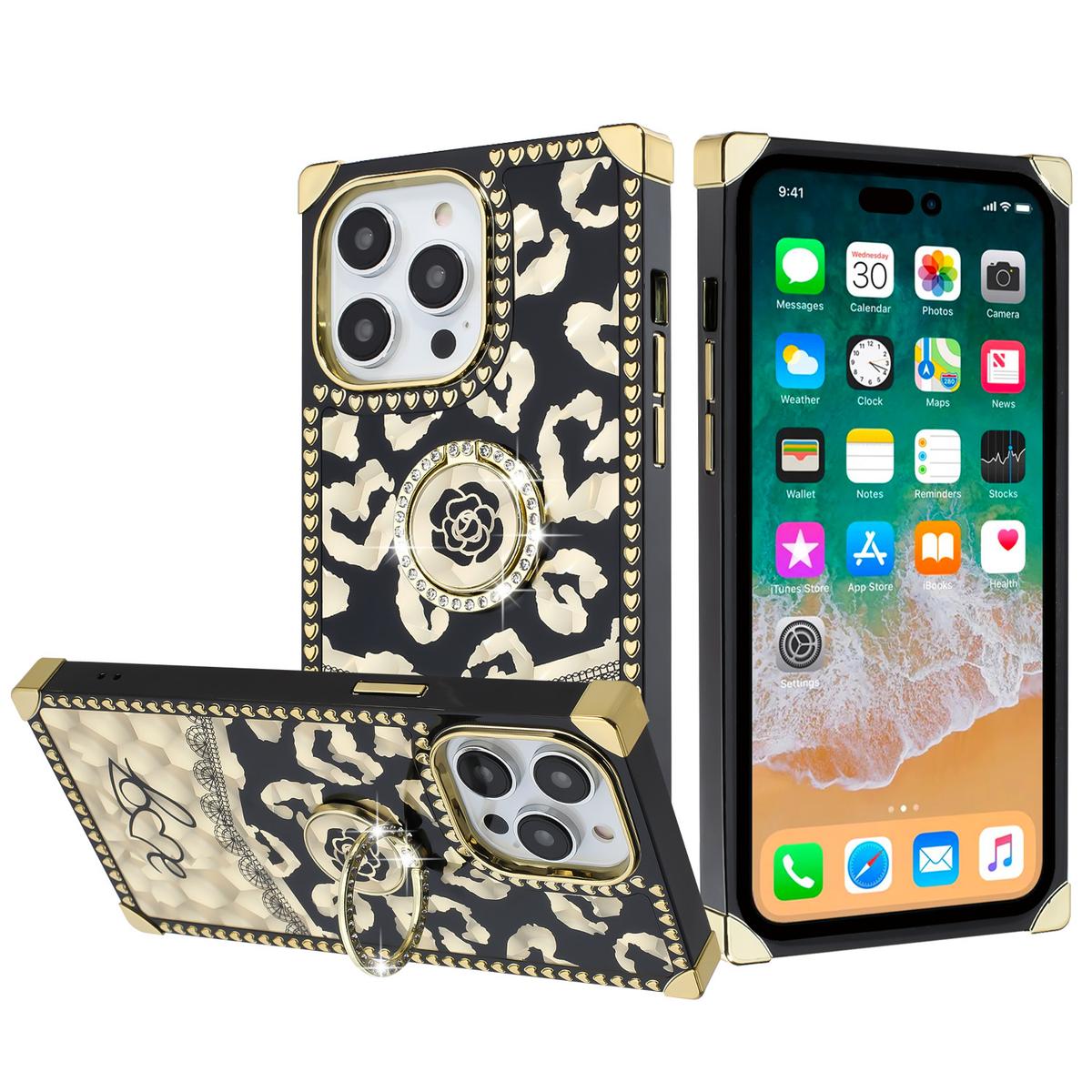 iPhone 15 SQUARE Passion Glitter Diamond Ring Stand Case Cover - BLACK CHROME