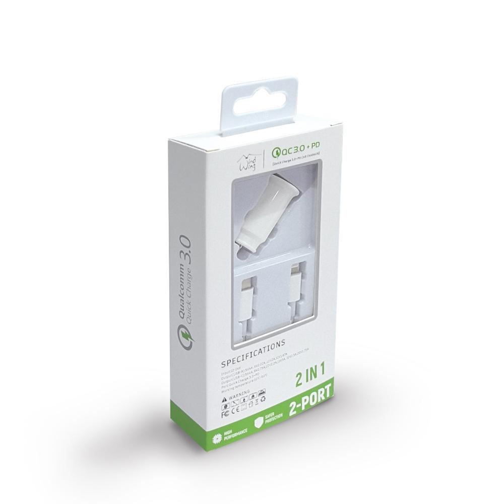35W Fast Car charger 2 in 1 with Dual ports, C to 8 Pin cable in white, photo 3 of 4