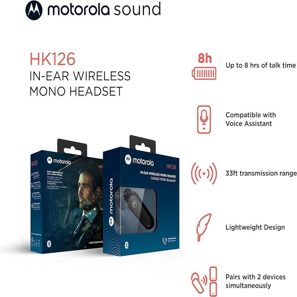 Motorola HK126 Bluetooth Earpiece – Wireless Mono Headset with Clear Calls, 8-Hour Talk Time, Dual Device Connection, Voice Assistant Compatible
