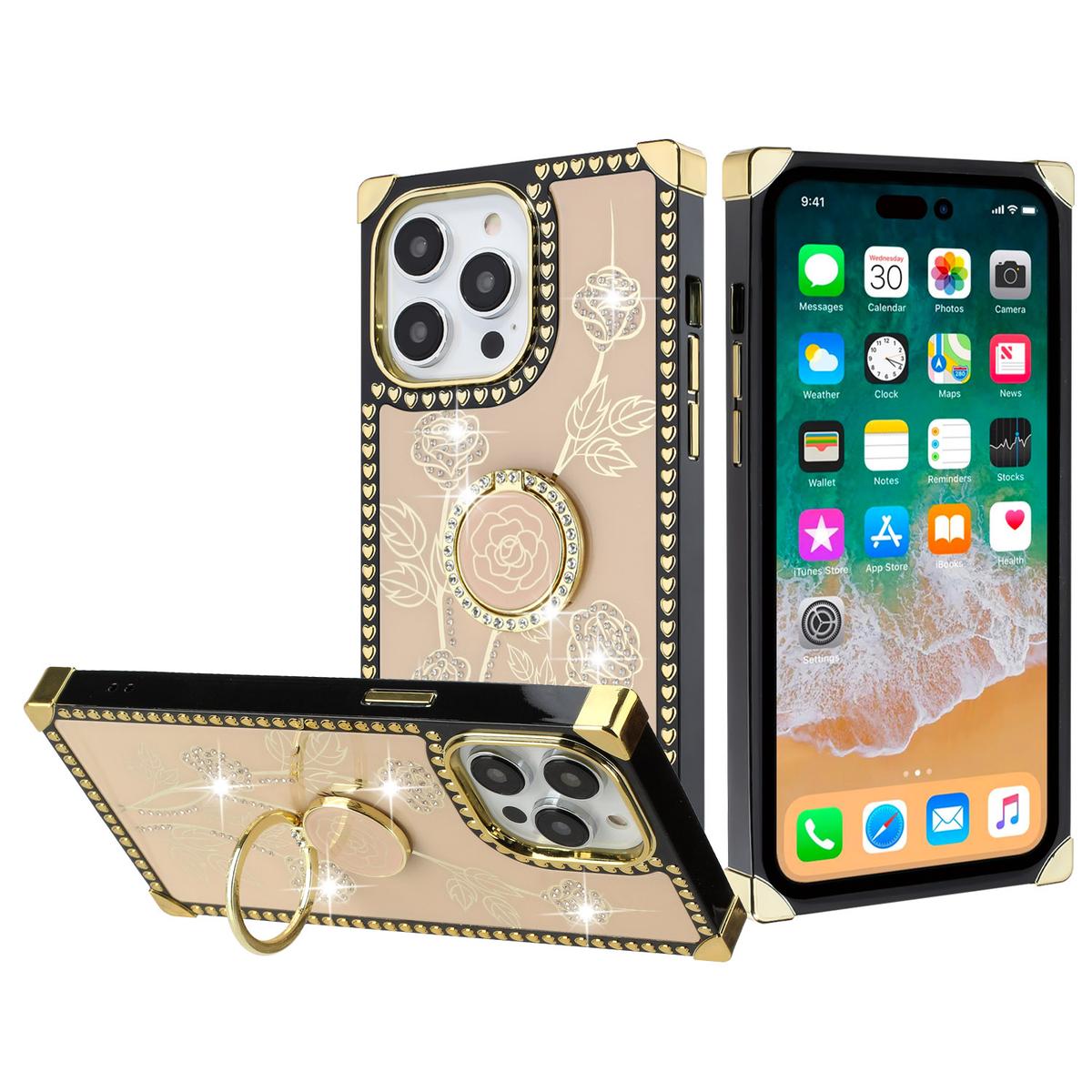 iPhone 15 Square Passion Hearts Bling Glitter Floral Ring Stand Case Cover - Gold