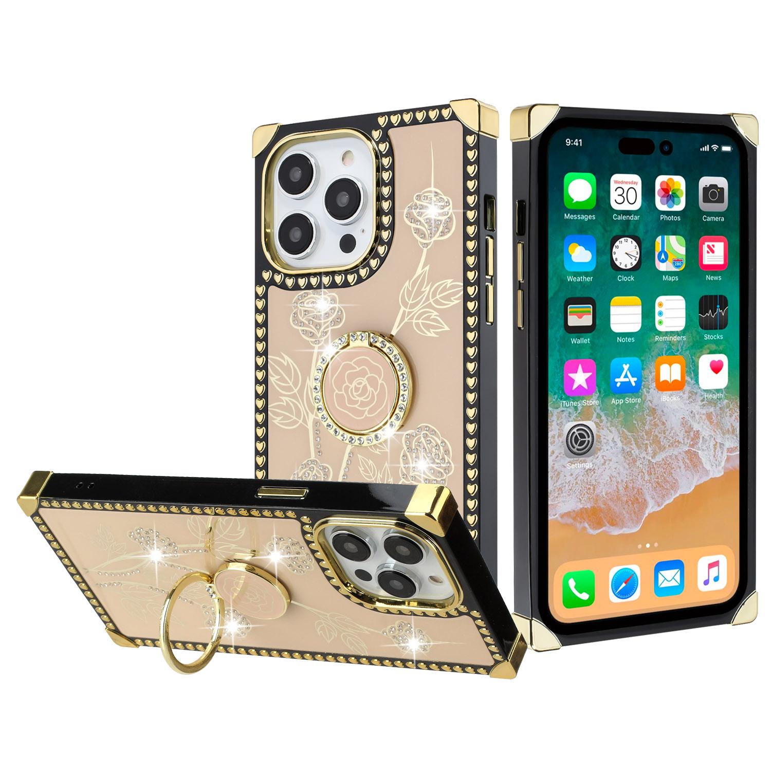 iPhone 15 Square Passion Hearts Bling Glitter Floral Ring Stand Case Cover - Gold