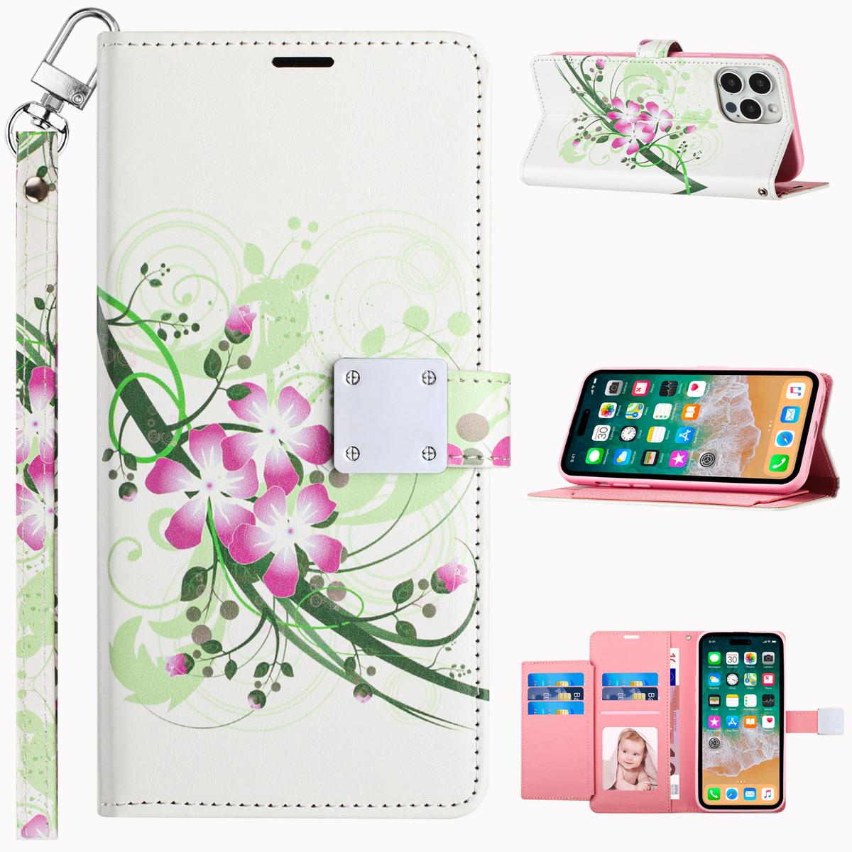 iPhone 15 Design Wallet ID Credit Card Money Holder with Magnetic Metal Closure including Lanyard - Green Floral