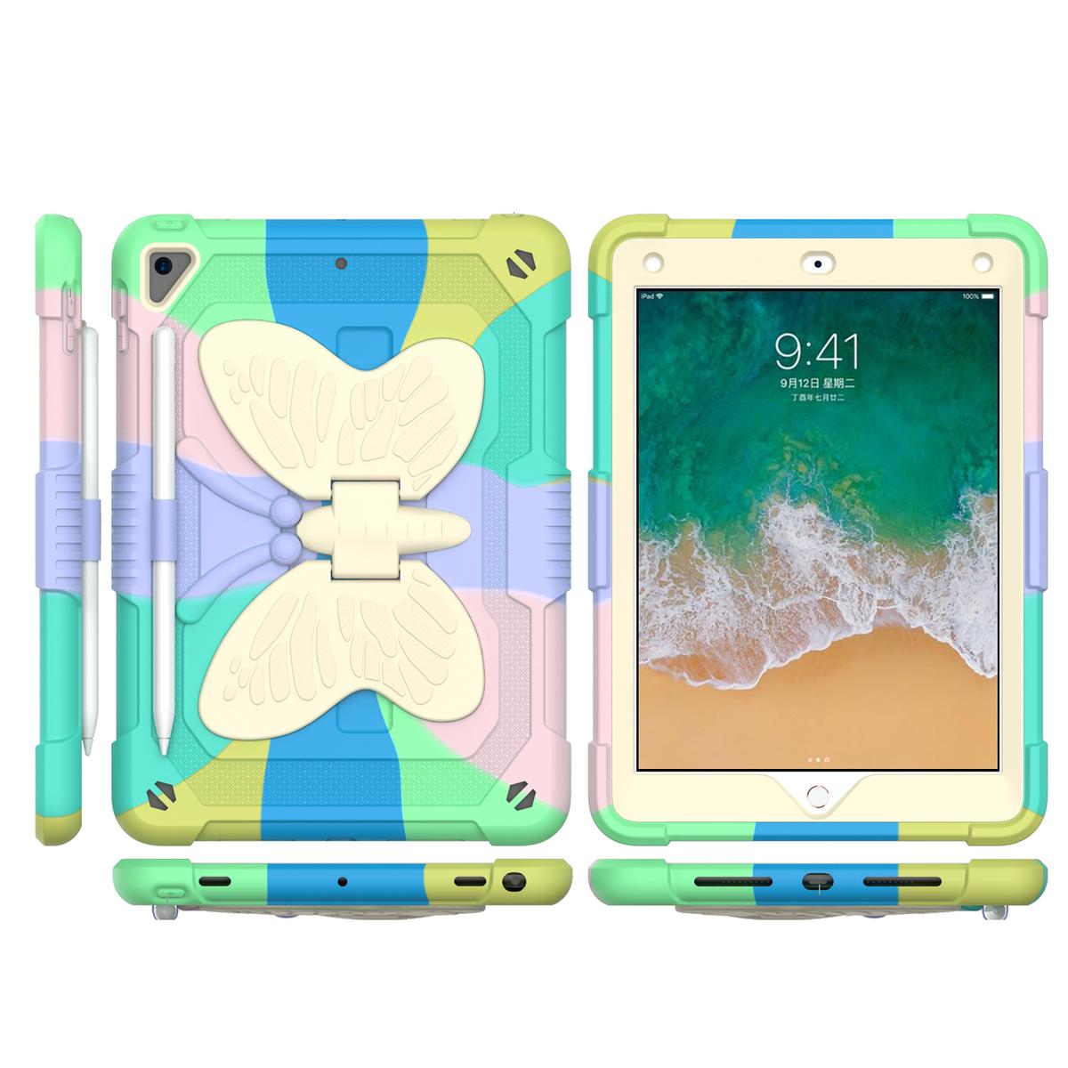 Apple iPad 8/7 10.2 inch Butterfly Kickstand 3in1 Tough Hybrid Case Cover with Shoulder Strap - Colorful Green