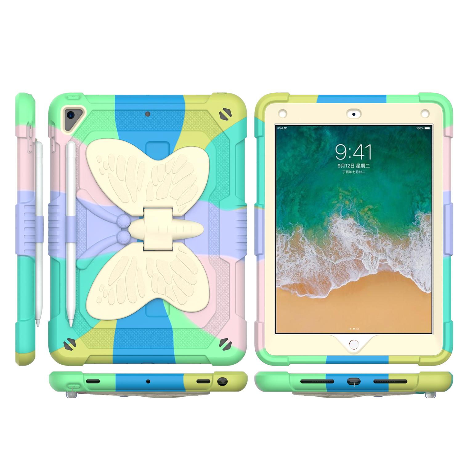 Apple iPad 8/7 10.2 inch Butterfly Kickstand 3in1 Tough Hybrid Case Cover with Shoulder Strap - Colorful Green