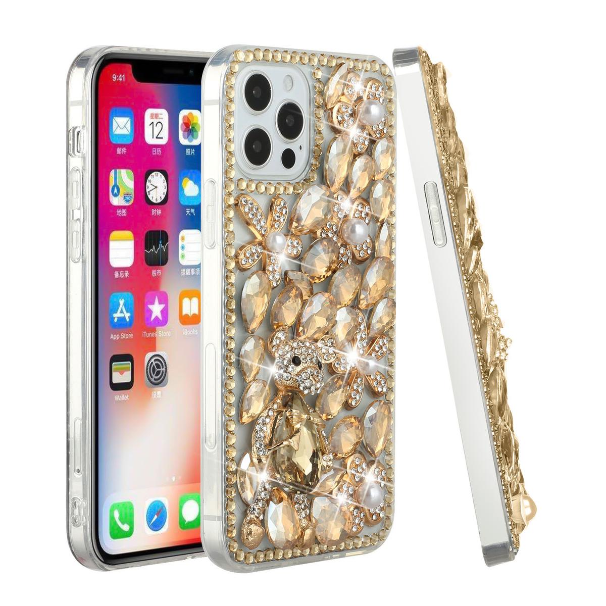 iPhone 15 Full Diamond with Ornaments Hard TPU Case Cover - Gold Panda Floral
