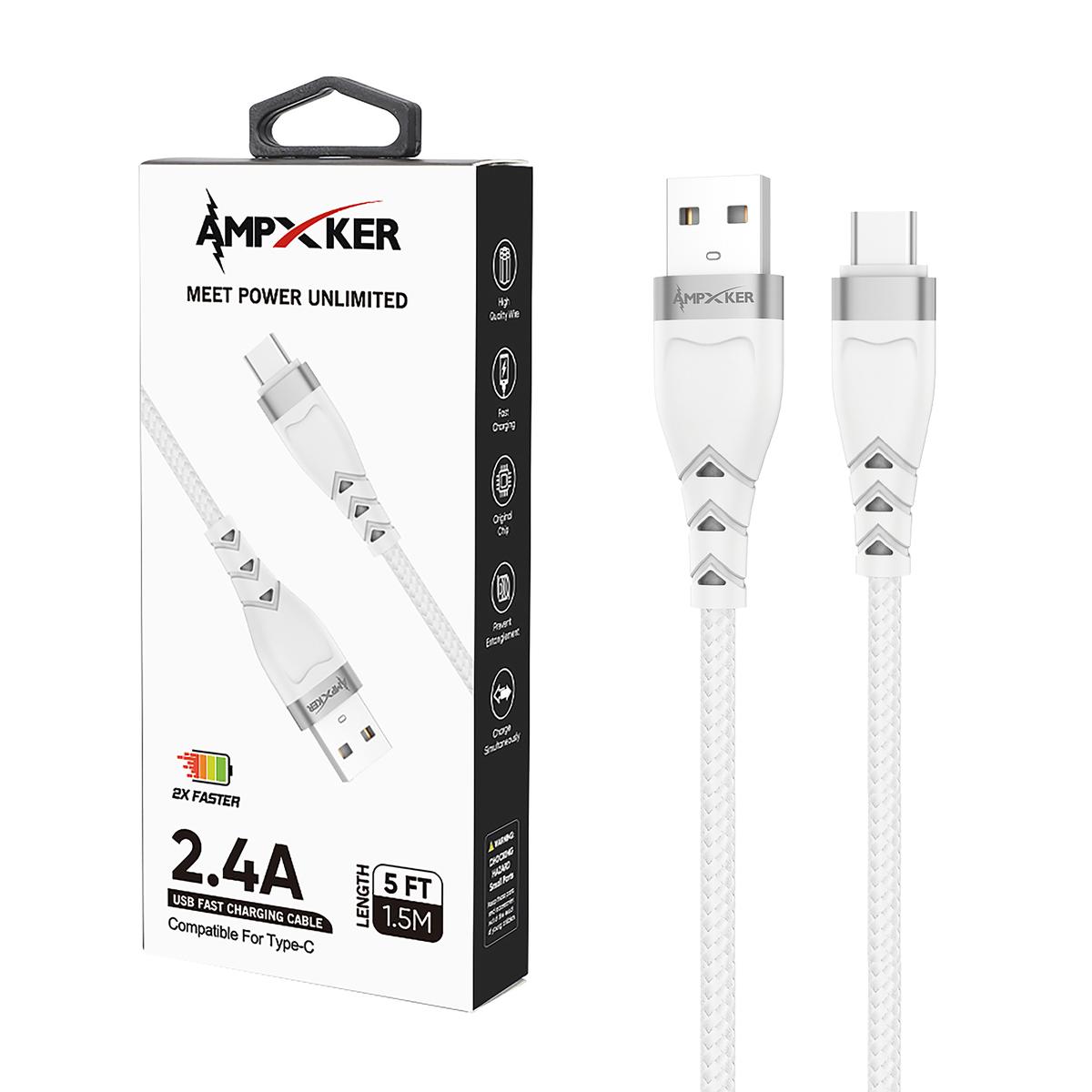 AMPUSB-TC-WT USB to Type C - Cable - 2.4 AMP - Nylon Braided Aluminium Alloy - WHITE