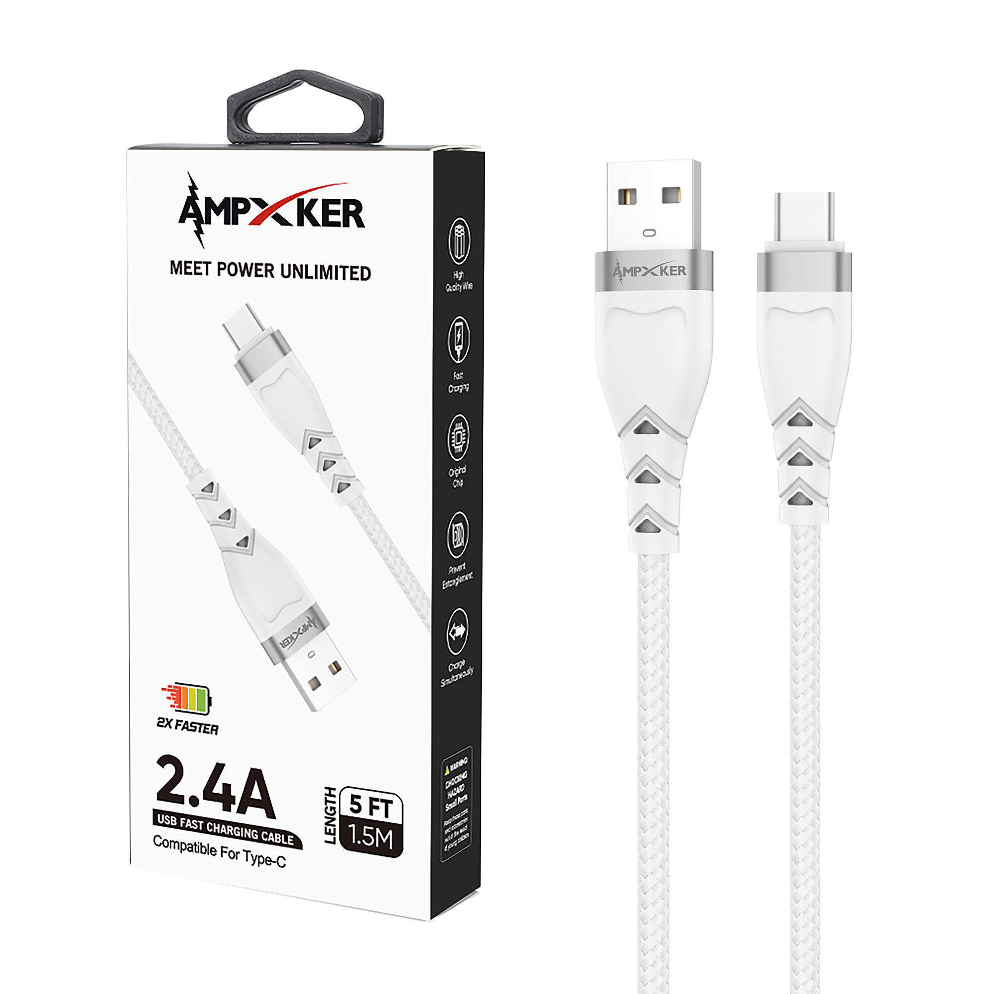 AMPUSB-TC-WT USB to Type C - Cable - 2.4 AMP - Nylon Braided Aluminium Alloy - WHITE