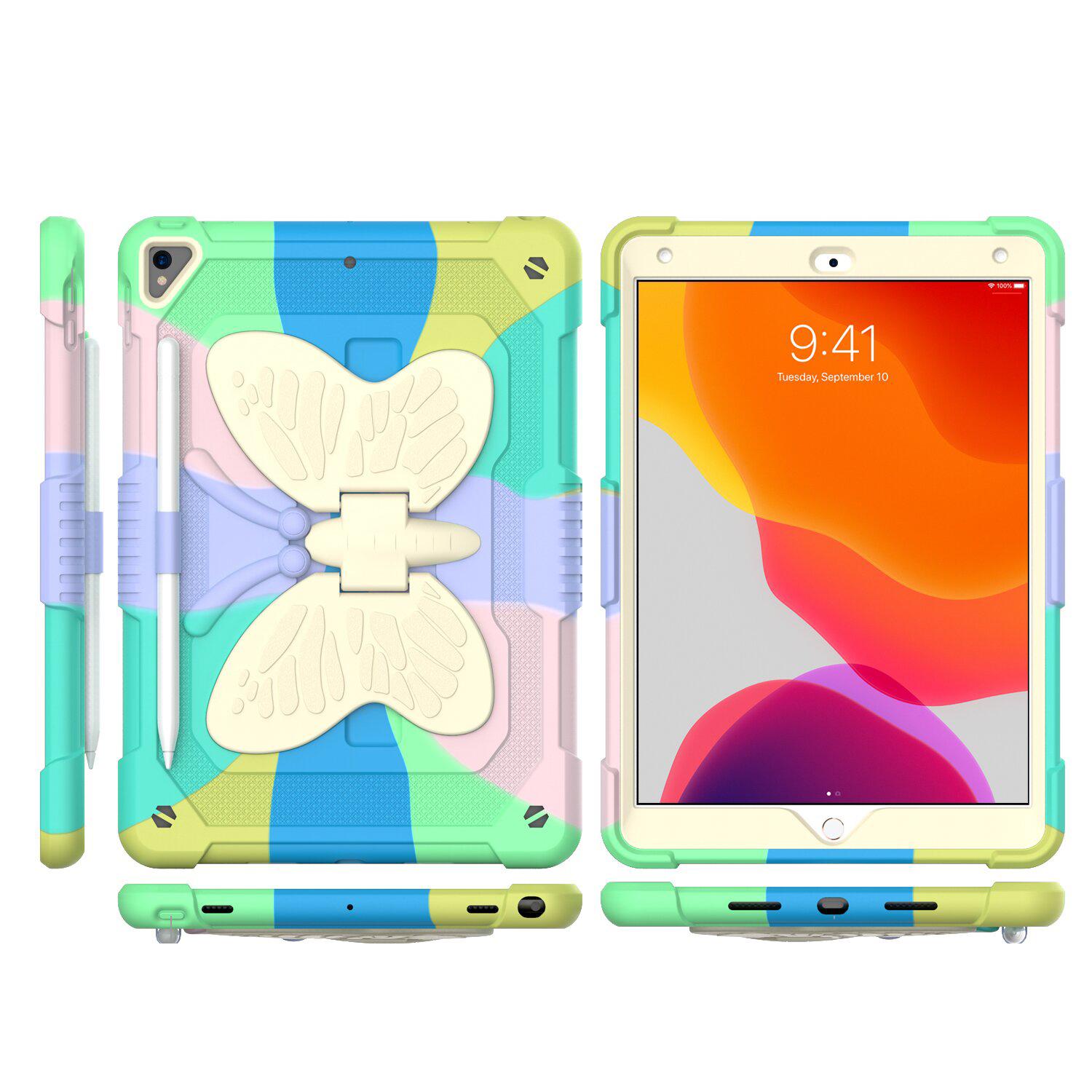 Apple iPad 9th Gen 10.2 inch (2021) Butterfly Kickstand 3in1 Tough Hybrid Case Cover with Shoulder Strap - Colorful Green