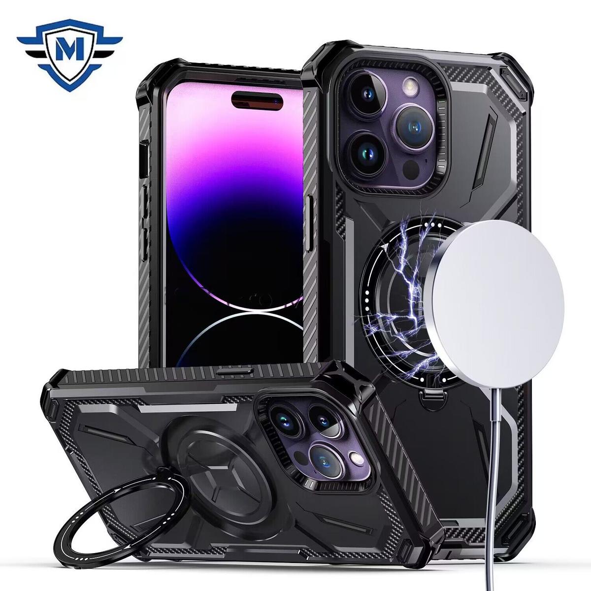 iPhone 15 METKASE Magnetic Ring Stand Premium Ultra Rugged ShockProof Hybrid in Slide-Out Package - Black