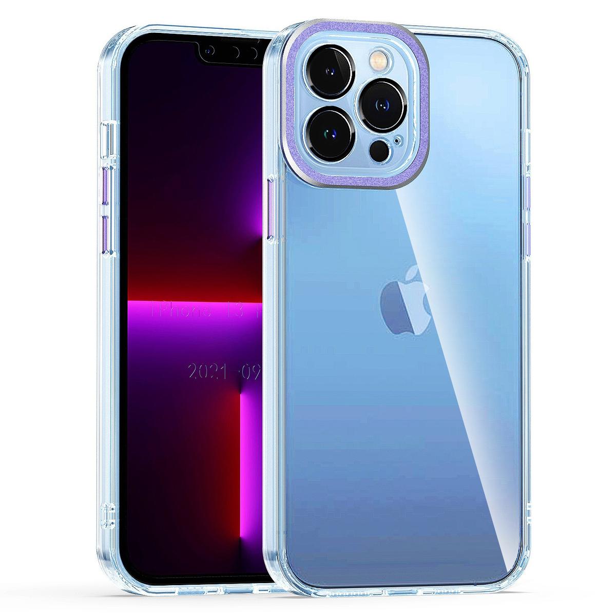 iPhone 15 Transparent Clear Hybrid with Matching Metal Buttons and Camera Protection - Purple