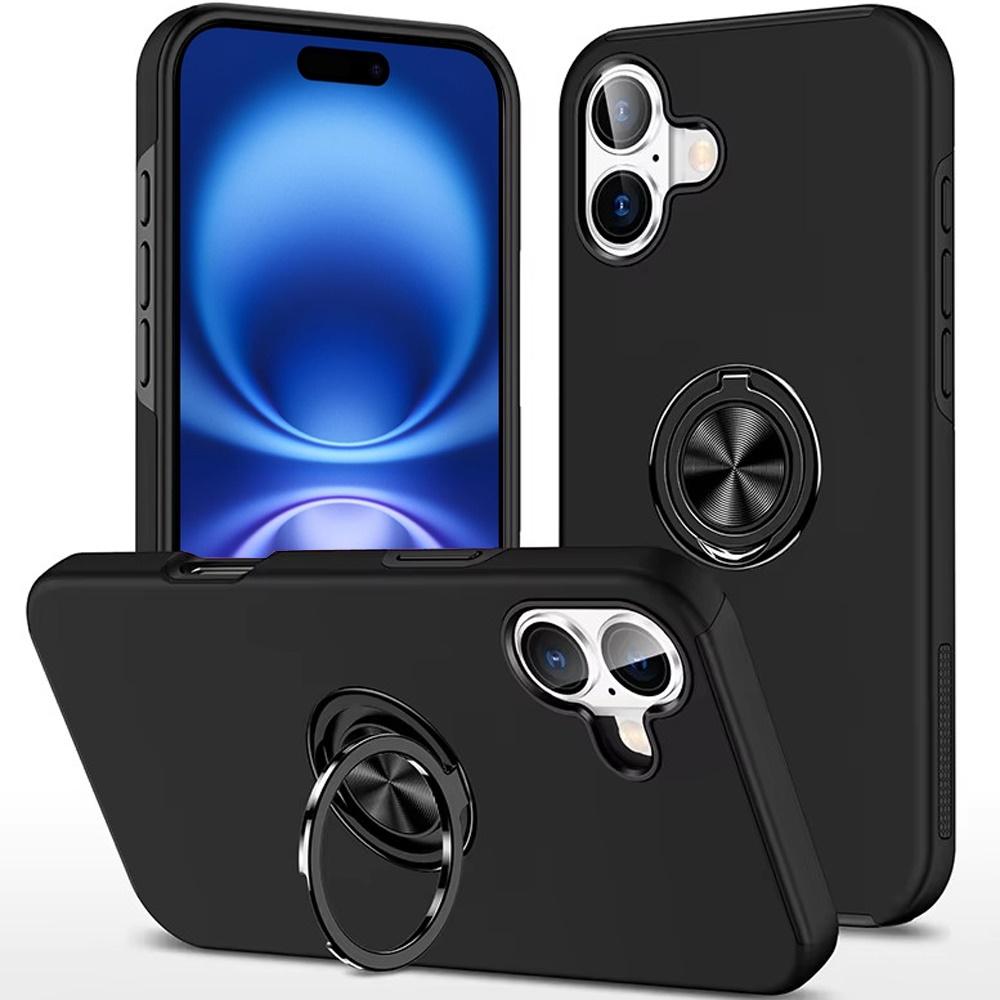 For iPhone 17 High Quality Magnetic Ring Stand Armor Shockproof Black Case Cover