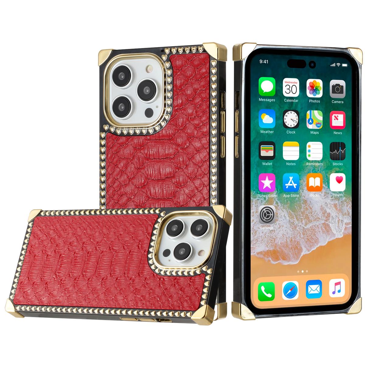 iPhone 15 Premium PU Leather Square Heart Hybrid Case - Red