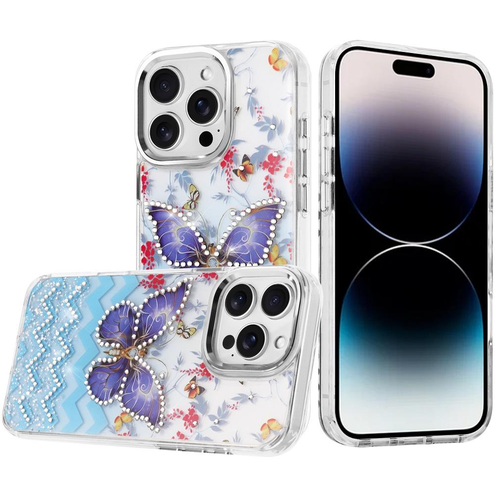 For iPhone 14 PRO MAX 6.7" Resin Epoxy Design Diamond Metal Edged Hybrid Case - D