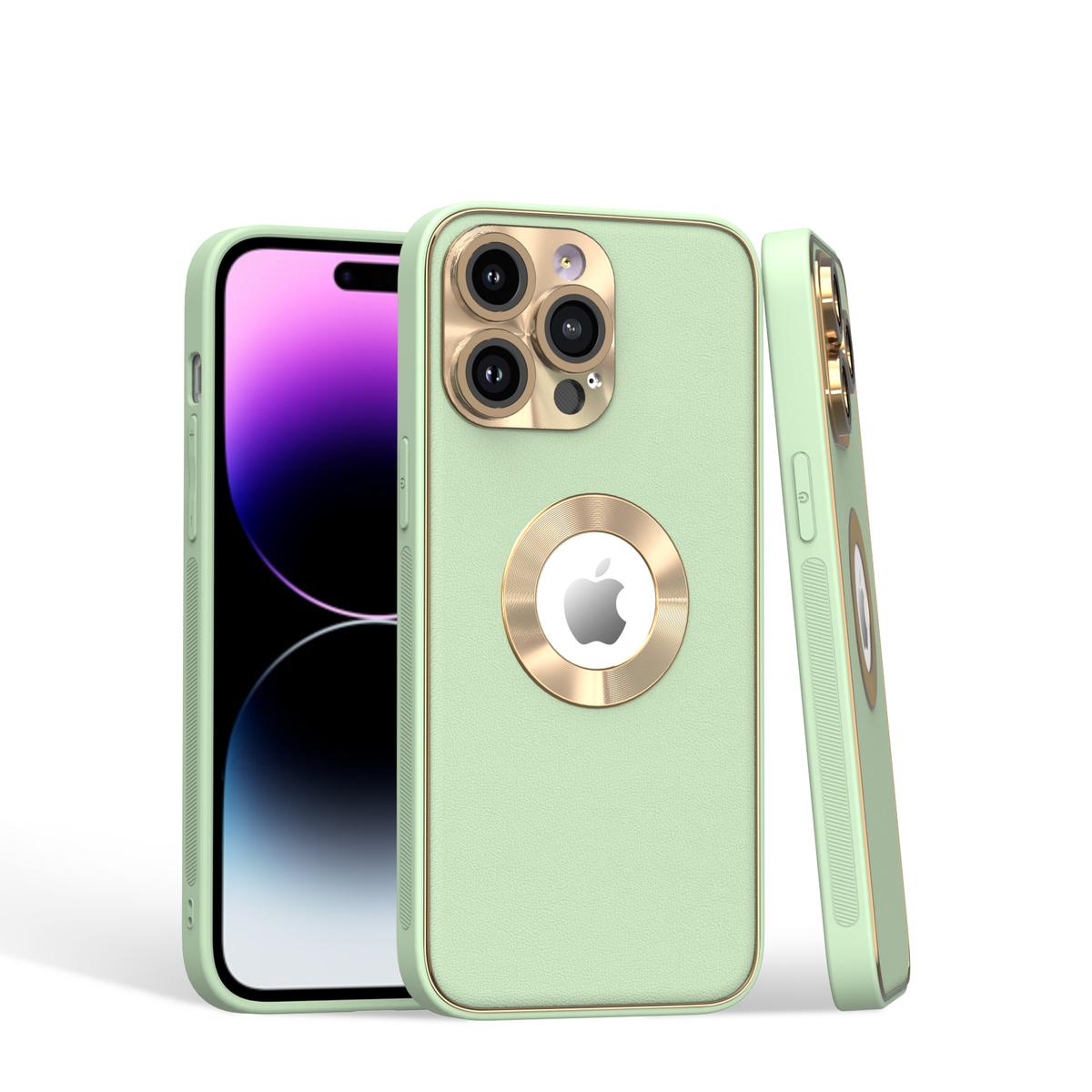 iPhone 15 Disc Chrome Circle With Chromed Tempered Glass Screen Protector PU UV Leather Case - Light Green