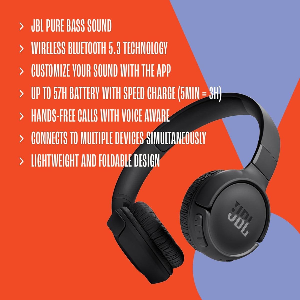 JBL Tune 520BT - Wireless On-Ear Headphones, Up to 57H Battery Life and Speed Charge, Lightweight, Comfortable and Foldable Design, Hands-Free Calls with Voice Aware (Black), photo 6 of 6