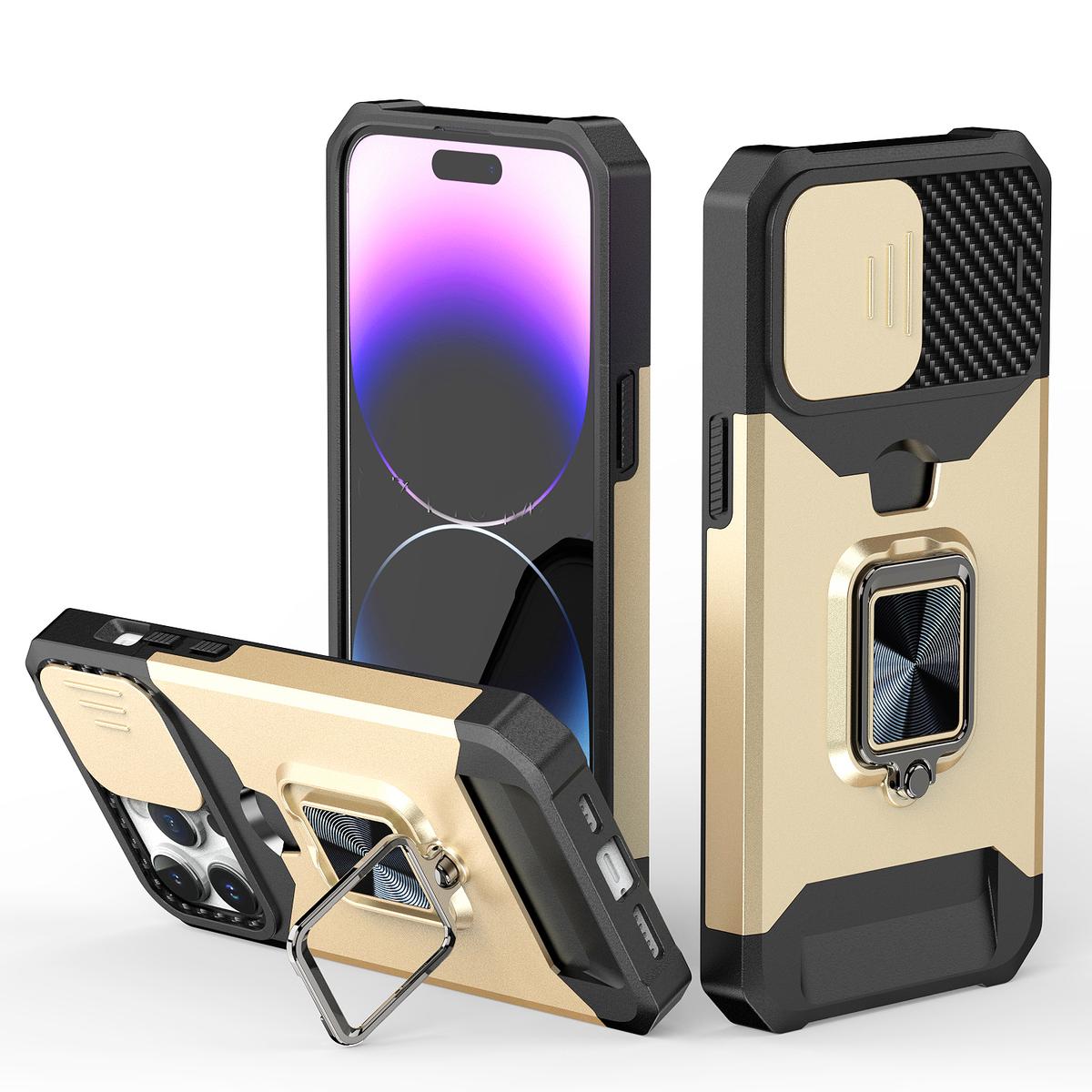 iPhone 15 Multi-Functional Card Magnetic Ring Stand Hybrid Camera Case Cover - Gold
