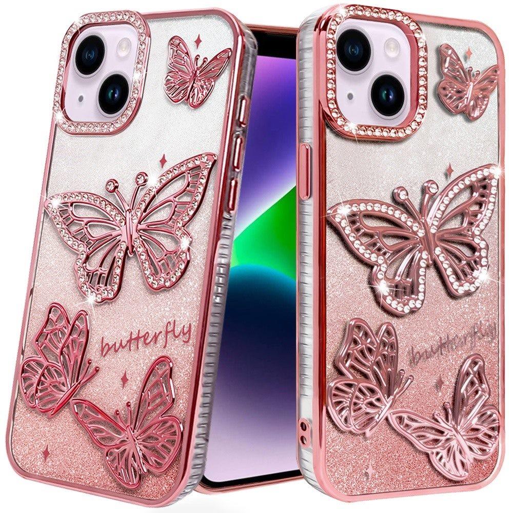 For iPhone 13/14 Butterfly Freedom Shimmer Glitter Thick TPU Case Cover - Rose Gold