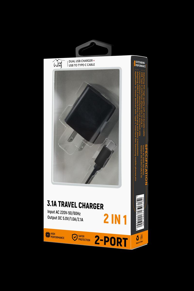 2-IN-1 3.1A Fast Dual USB Wall Charger+ Tpye C Charging Cable Cord for Samsung Note10 S8 S9 S10 in Black, photo 2 of 5