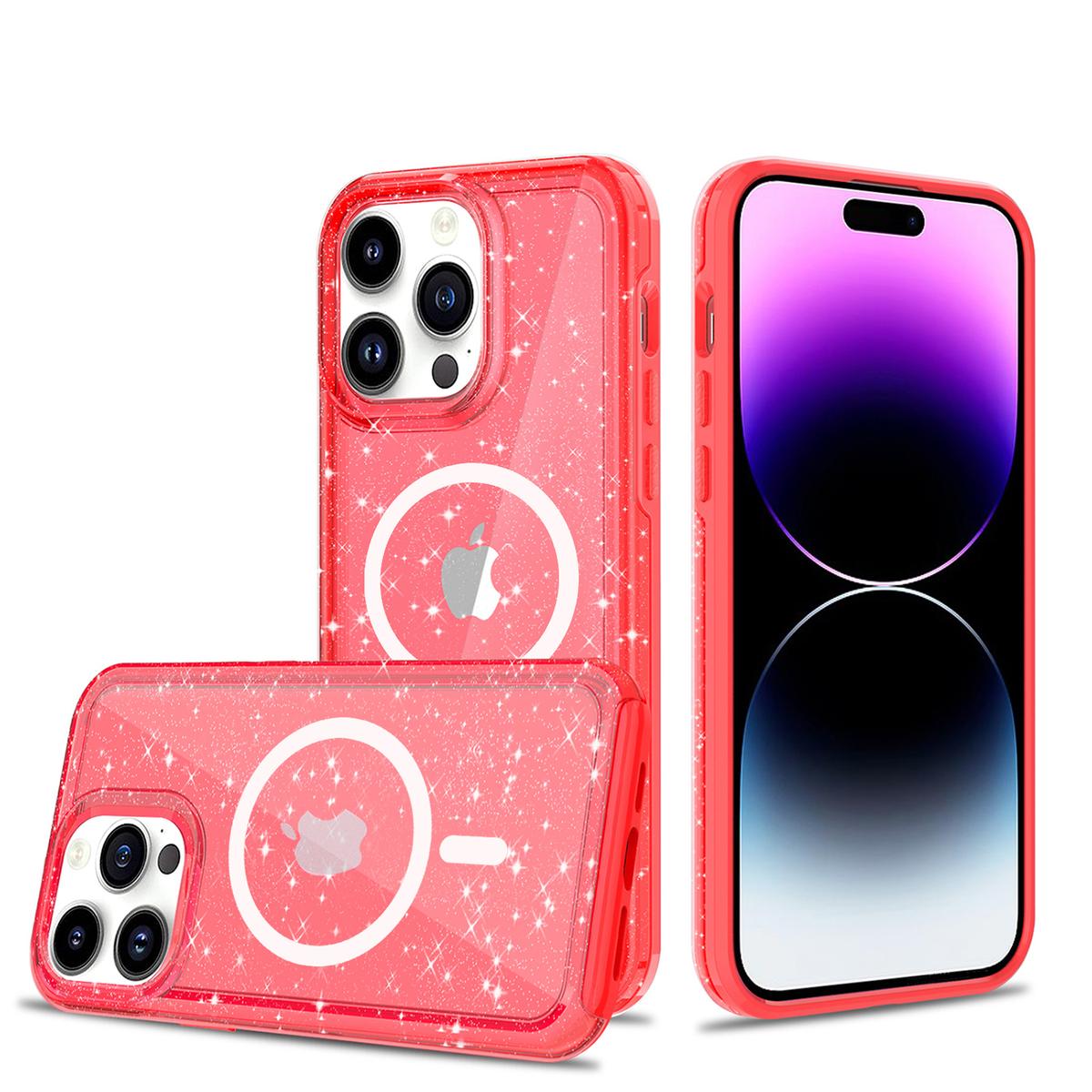 iPhone 15 Transparent Glitter 2.0mm Thick Hybrid Case Cover - Red