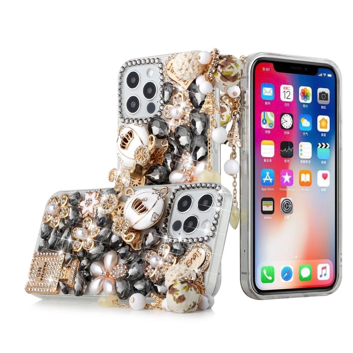 iPhone 15 Full Diamond with Ornaments Case Cover - Ultimate Multi Ornament Black