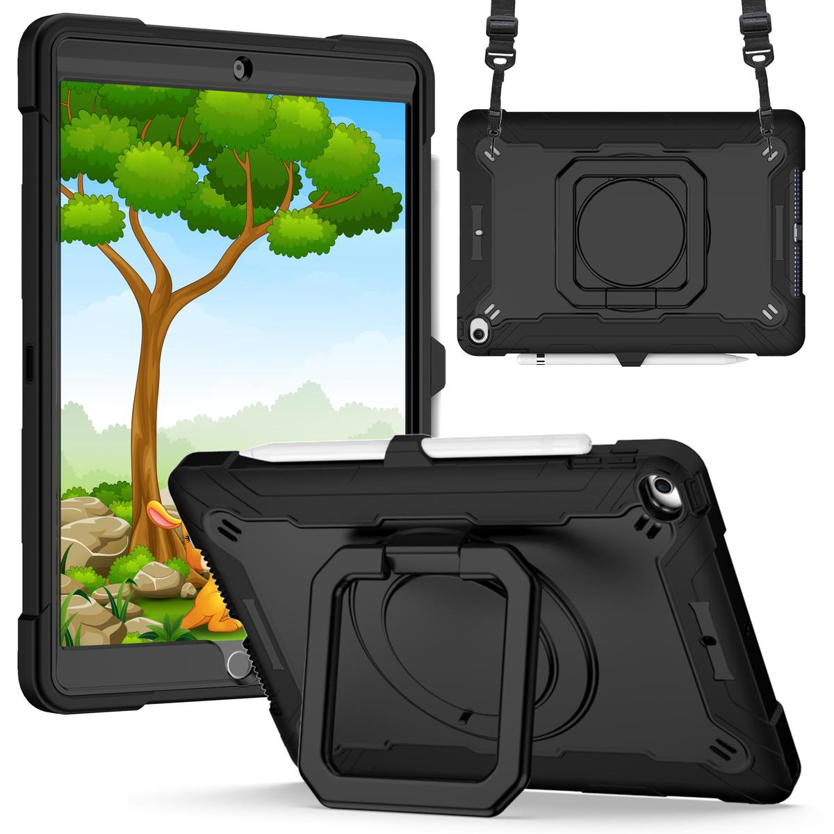 Apple iPad 9th 8th 7th Gen 10.2 inch Tablet Tough Hybrid Rotating 360 Degree Kickstand - Black+Black
