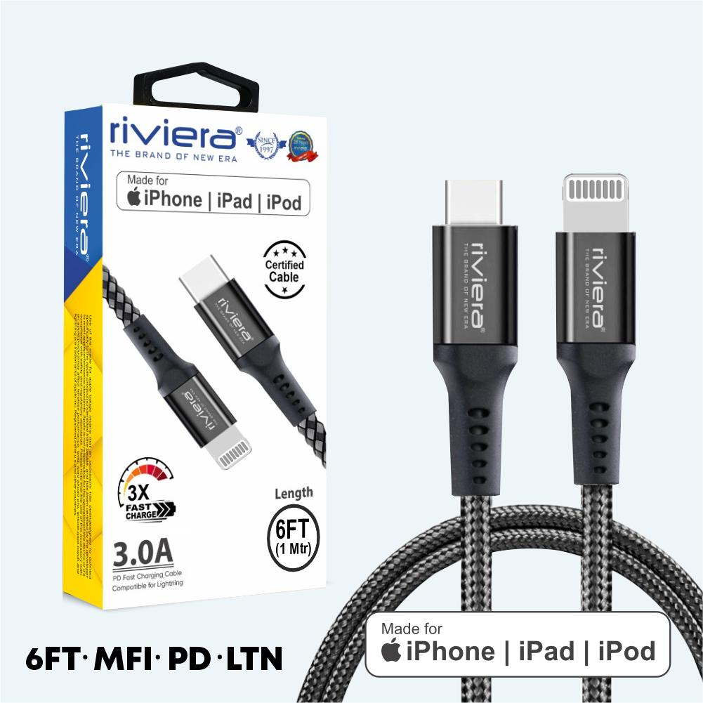 [Type C (PD) - iPhone Lightning - MFI] 3 AMP Fast Charging RIVIERA - BLACK Braided