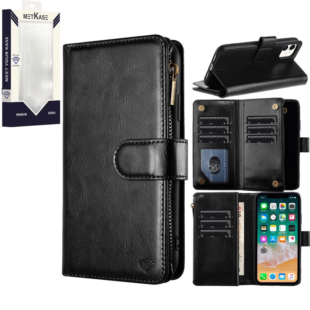 iPhone 15 METKASE Luxury Wallet Card ID Zipper Money Holder in Slide-Out Package - Black