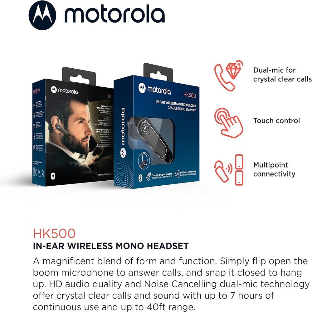 Motorola Bluetooth Earpiece HK500 in-Ear Wireless Mono Headset with Mic for Clear Phone Calls - Smart Touch/Voice Control, Noise Cancelling Microphone, Multipoint Connectivity, Long Battery Life (