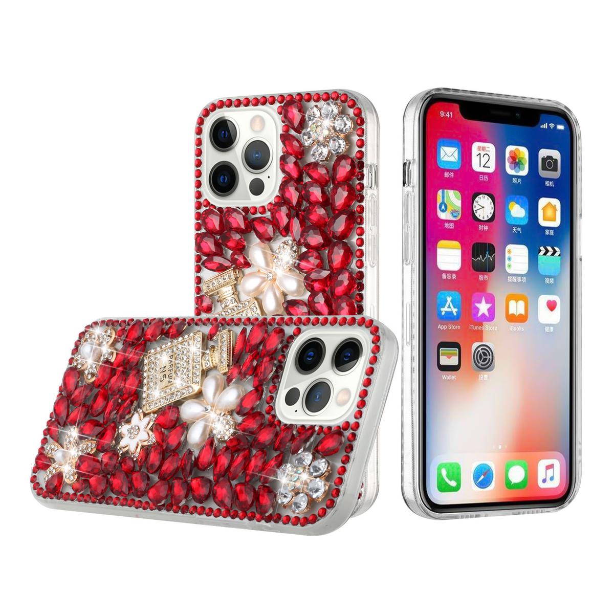 iPhone 15 Full Diamond with Ornaments Case Cover - Pearl Flowers with Perfume Red