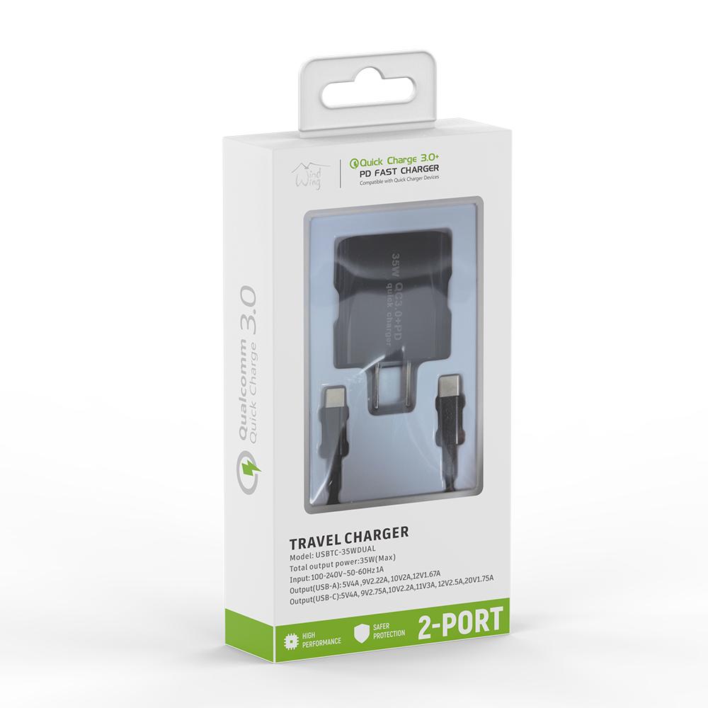 2-IN-1 35W PD Fast Type C&USB Dual Ports Wall Charger+Type C to Type C Cable Cord in Black, photo 2 of 2