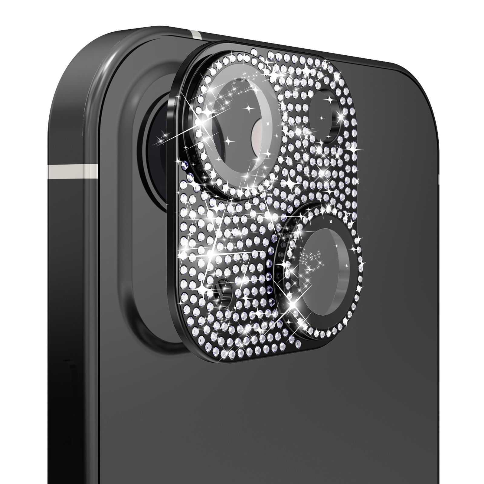 iPhone 14 6.1"/iPhone 14 Plus 6.7" Diamond Bling Camera Lens Full Tempered Glass - Black