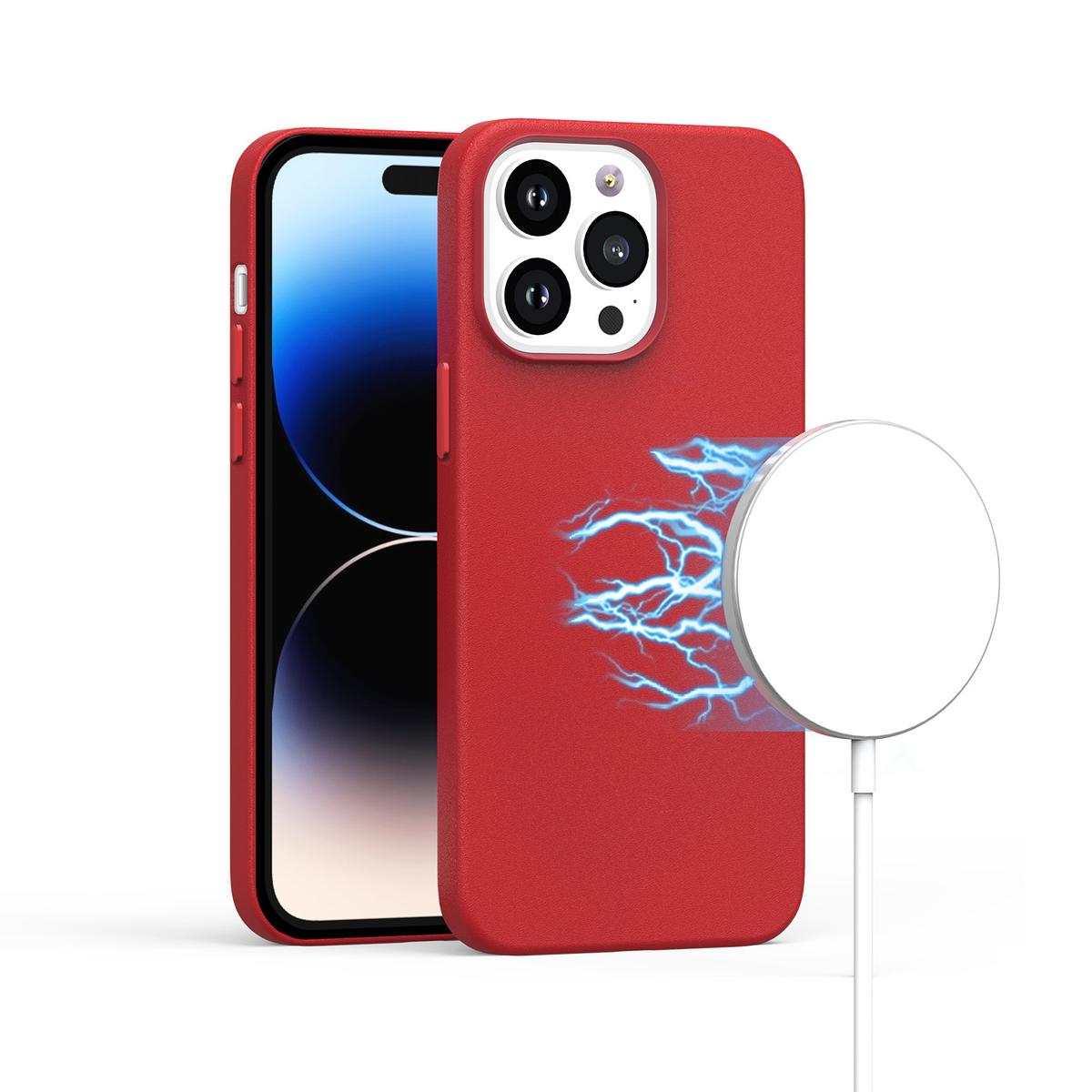 iPhone 15 PU Leather with inner [Magnetic Circle] Colored Metal Buttons - Burgundy