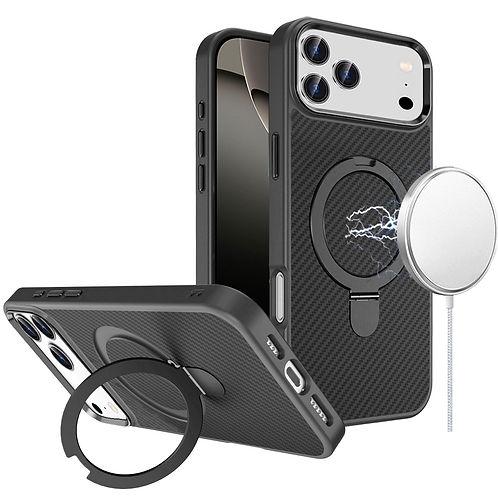 IPhone 17 Pro Max Carbon Design Magnetic Circle Ring Stand Hybrid Case – Black