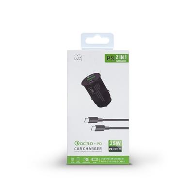 35W Fast Car charger 2 in 1 with Dual ports, C to C Cable in Black