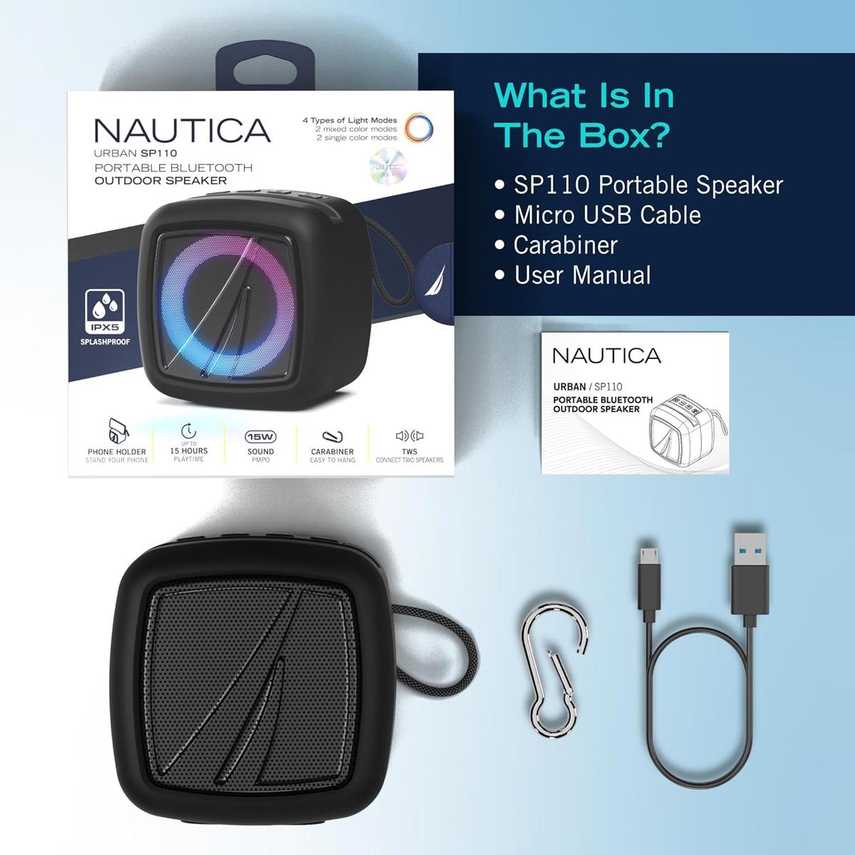 NAUTICA Portable Bluetooth Speaker, Wireless, IPX5 Splashproof, Integrated Phone Holder, 15 Hours Playtime, Dynamic Led Lights, TWS Pairing, Pure Bass for Home, Outdoor (Black)