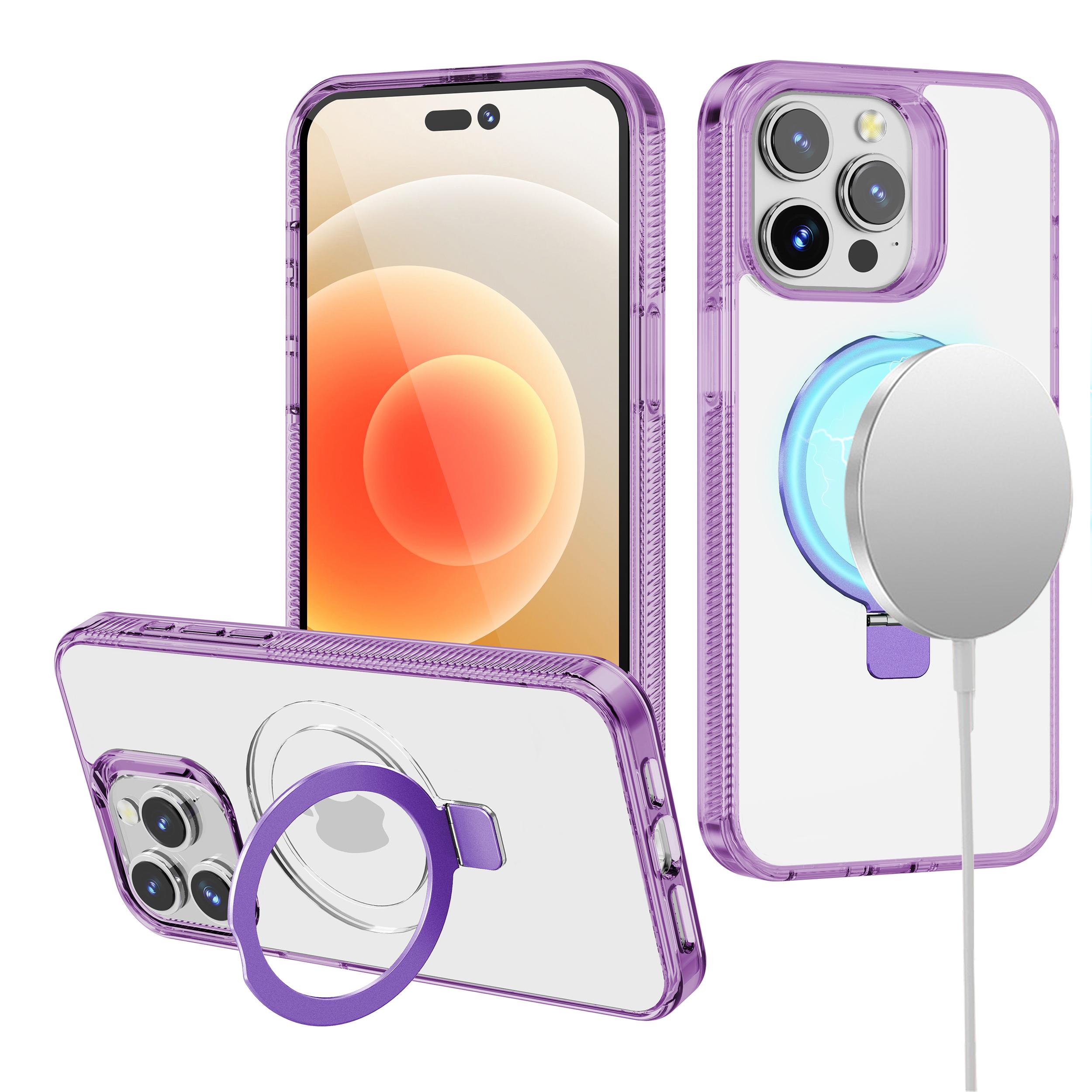 iPhone 15 Dotted Edged Line Transparent HQ Magnetic Ring Stand Hybrid - Light Purple