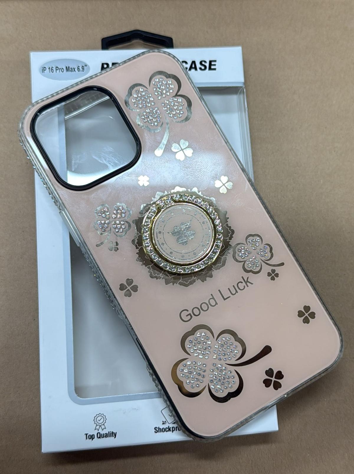 iPhone 16 Pro Max Case – Good Luck Glitter Clover Design with Ring Holder