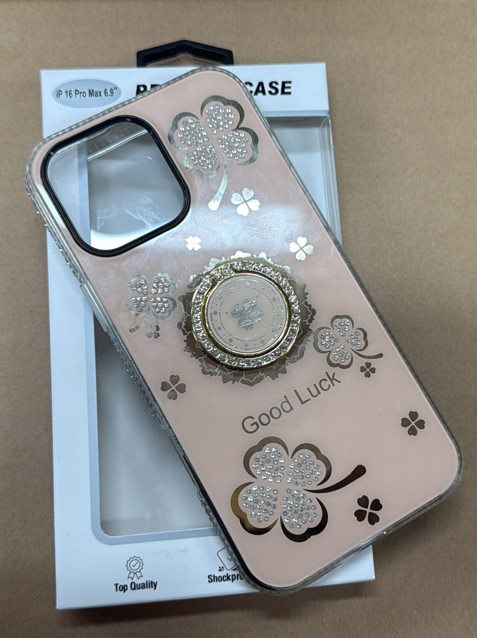 iPhone 16 Pro Max Case – Good Luck Glitter Clover Design with Ring Holder