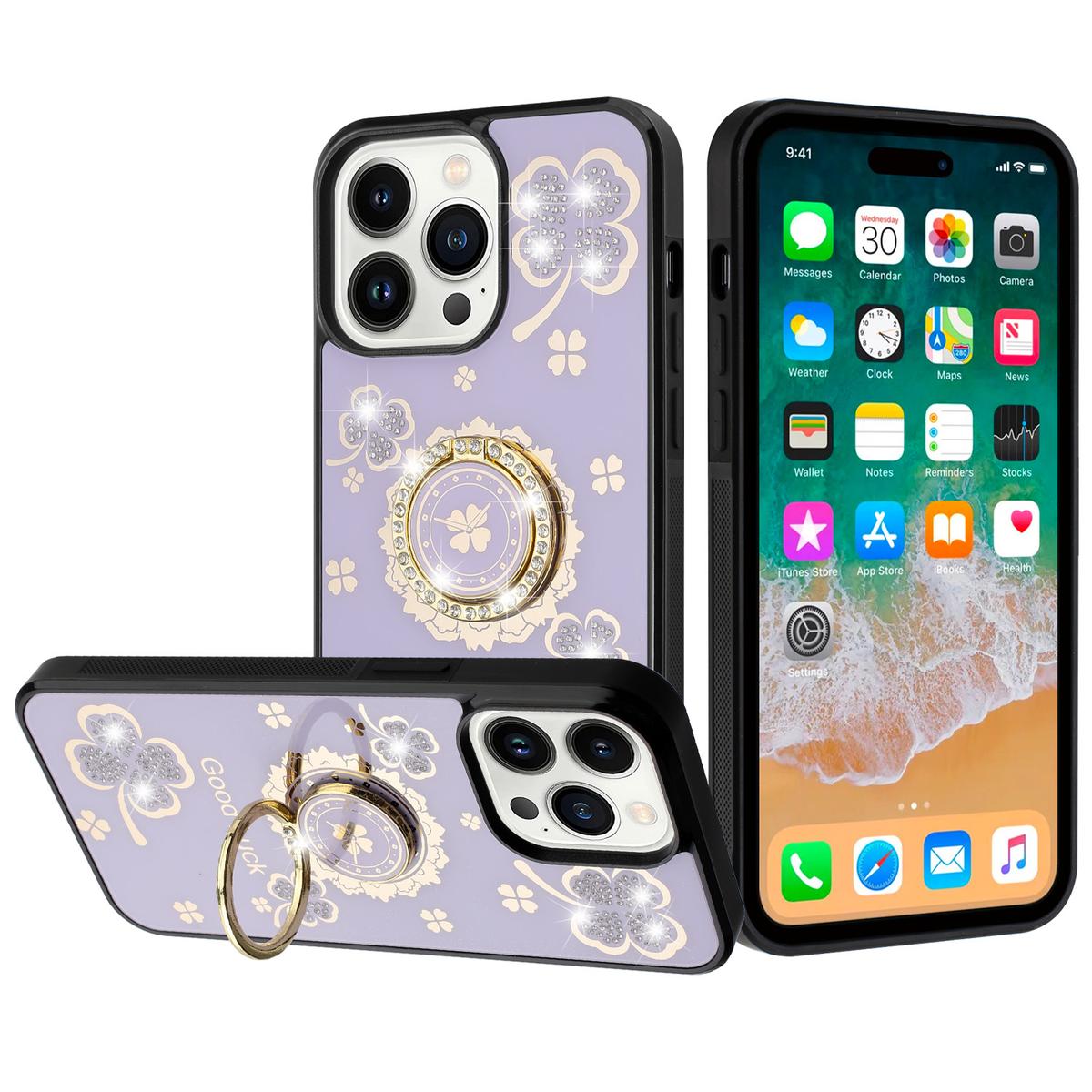 iPhone 15 SPLENDID Diamond Glitter Ornaments Engraving Case Cover - Good Luck Floral Purple