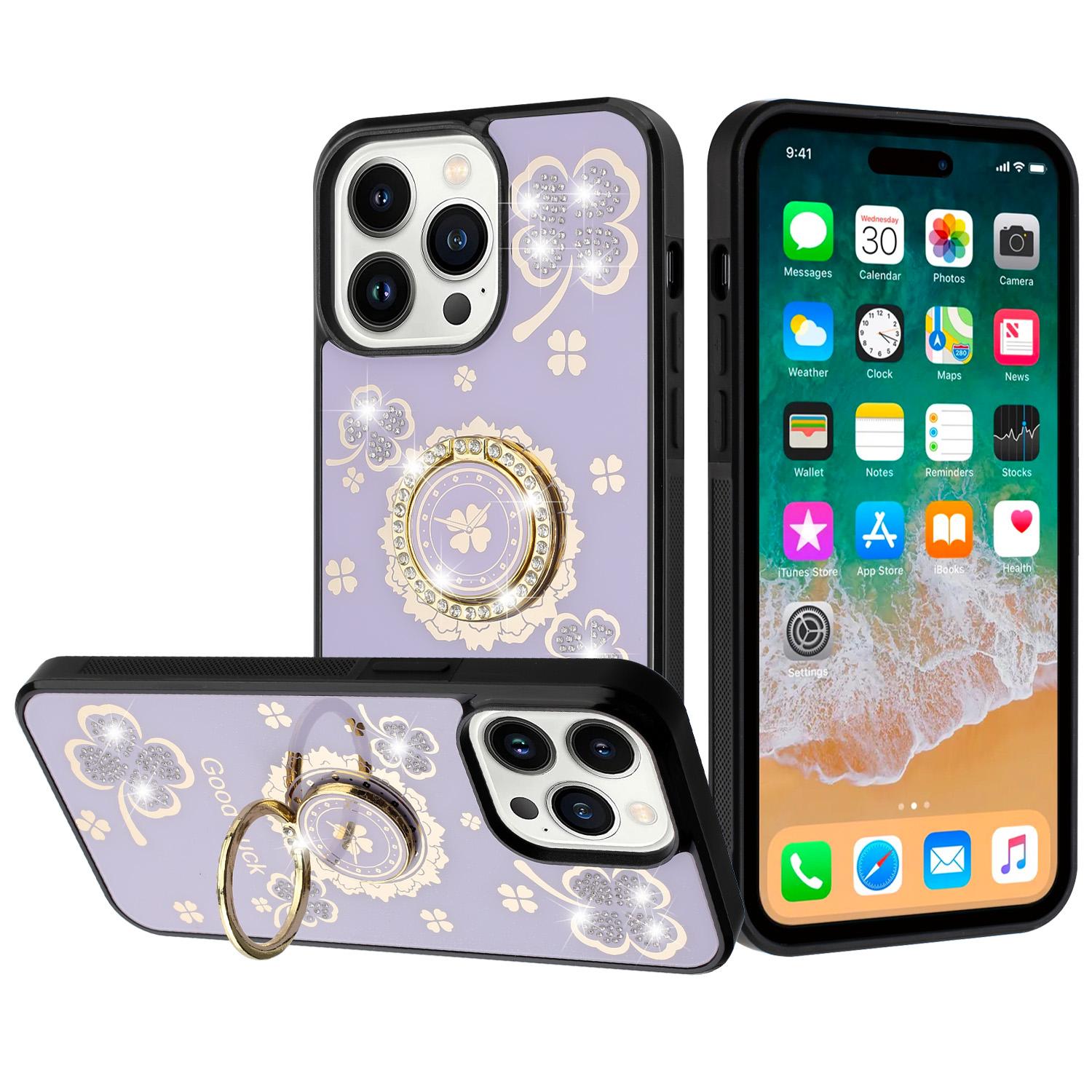 iPhone 15 SPLENDID Diamond Glitter Ornaments Engraving Case Cover - Good Luck Floral Purple