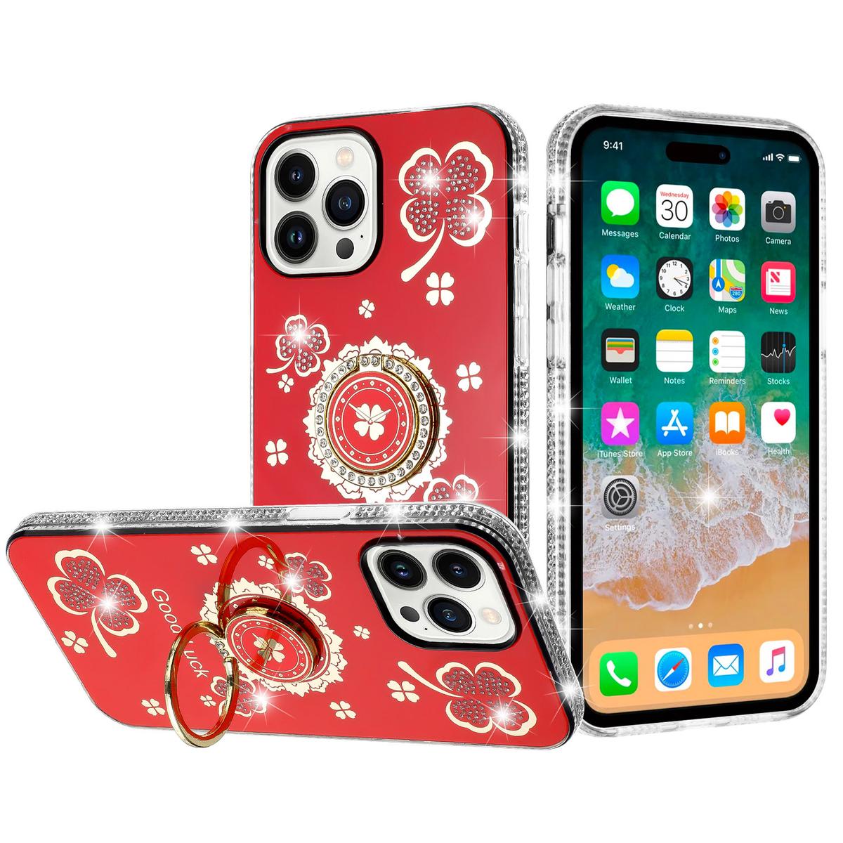 iPhone 15 Splendid Glitter with Diamonds All Around Edges Ring Stand Case Cover - Red