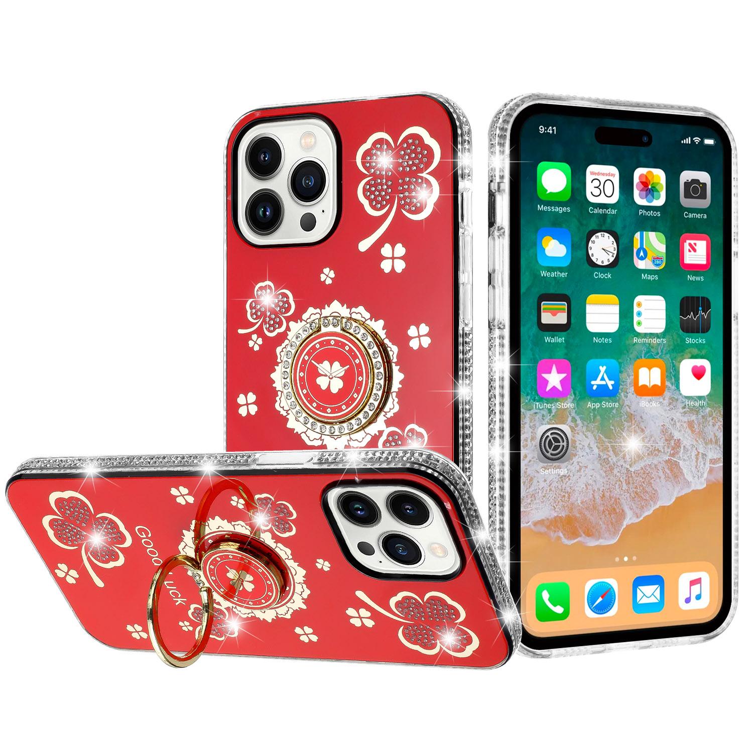 iPhone 15 Splendid Glitter with Diamonds All Around Edges Ring Stand Case Cover - Red