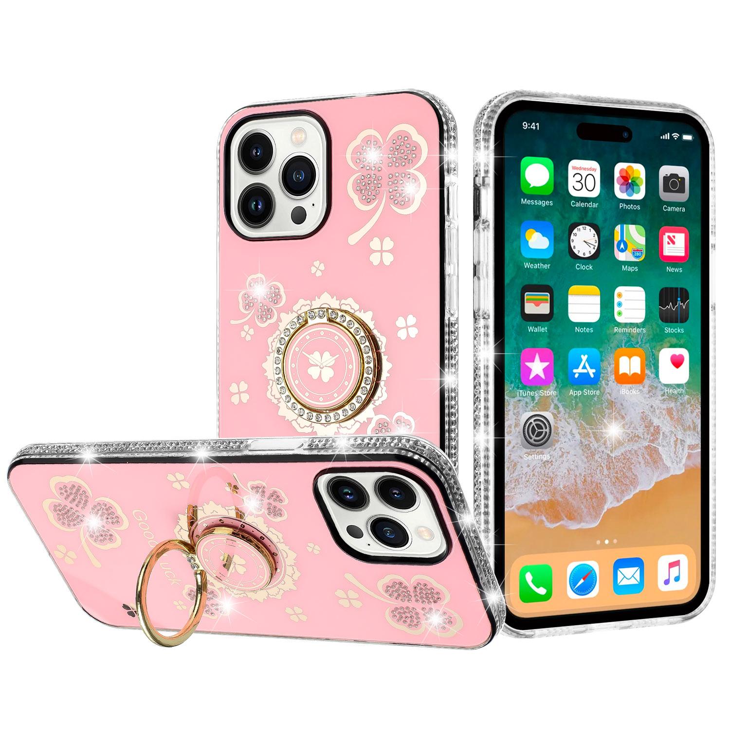 iPhone 15 Splendid Glitter with Diamonds All Around Edges Ring Stand Case Cover - Pink