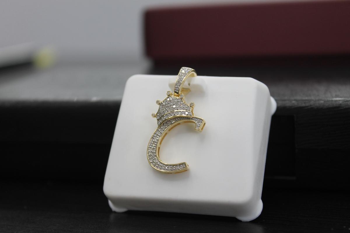 10K Gold With Natural Diamonds Initial C King Crown Minimalist Pendant, photo 3 of 3