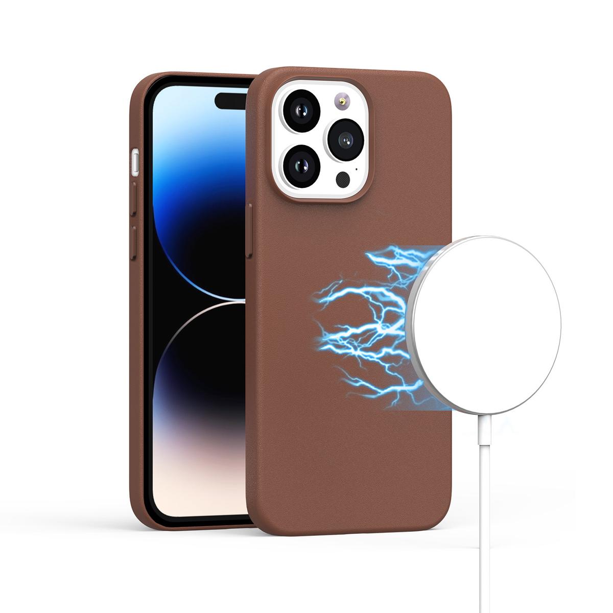 iPhone 15 PU Leather with inner [Magnetic Circle] Colored Metal Buttons - Saddle Brown