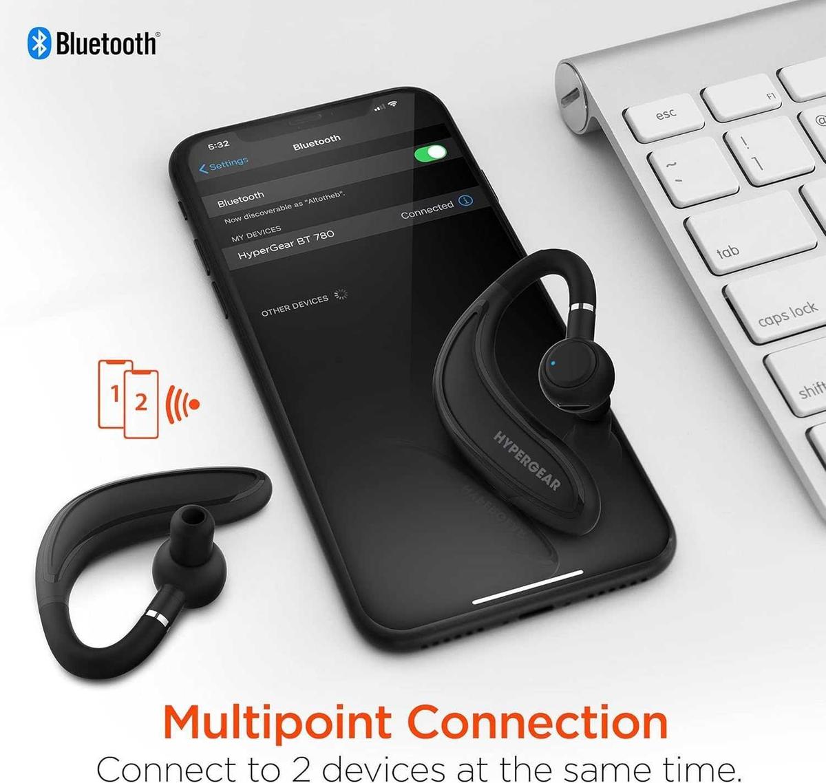 HyperGear Bluetooth Wireless Headset w/Noise Isolating Mic, Multipoint Connection Extended Talk Connect to Mobile Phone Tablet PC Single Over Ear Earbud - Black, photo 4 of 4