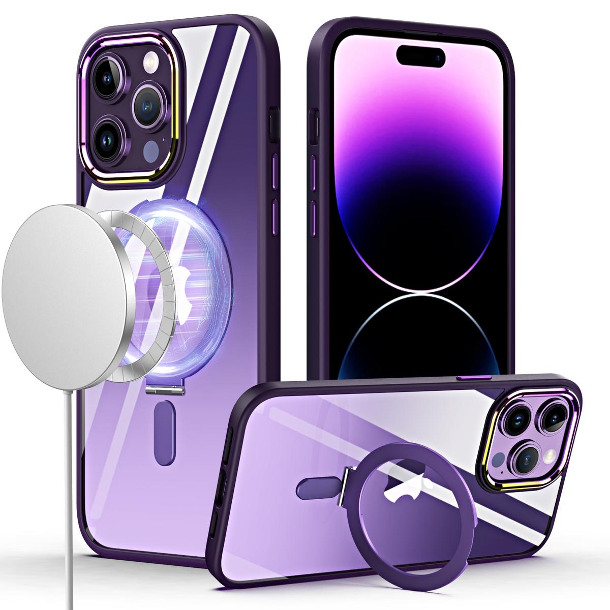 iPhone 15 Dazzle Magnetic Ring Stand Alloy Chrome Transparent Hybrid Case Cover - Dark Purple