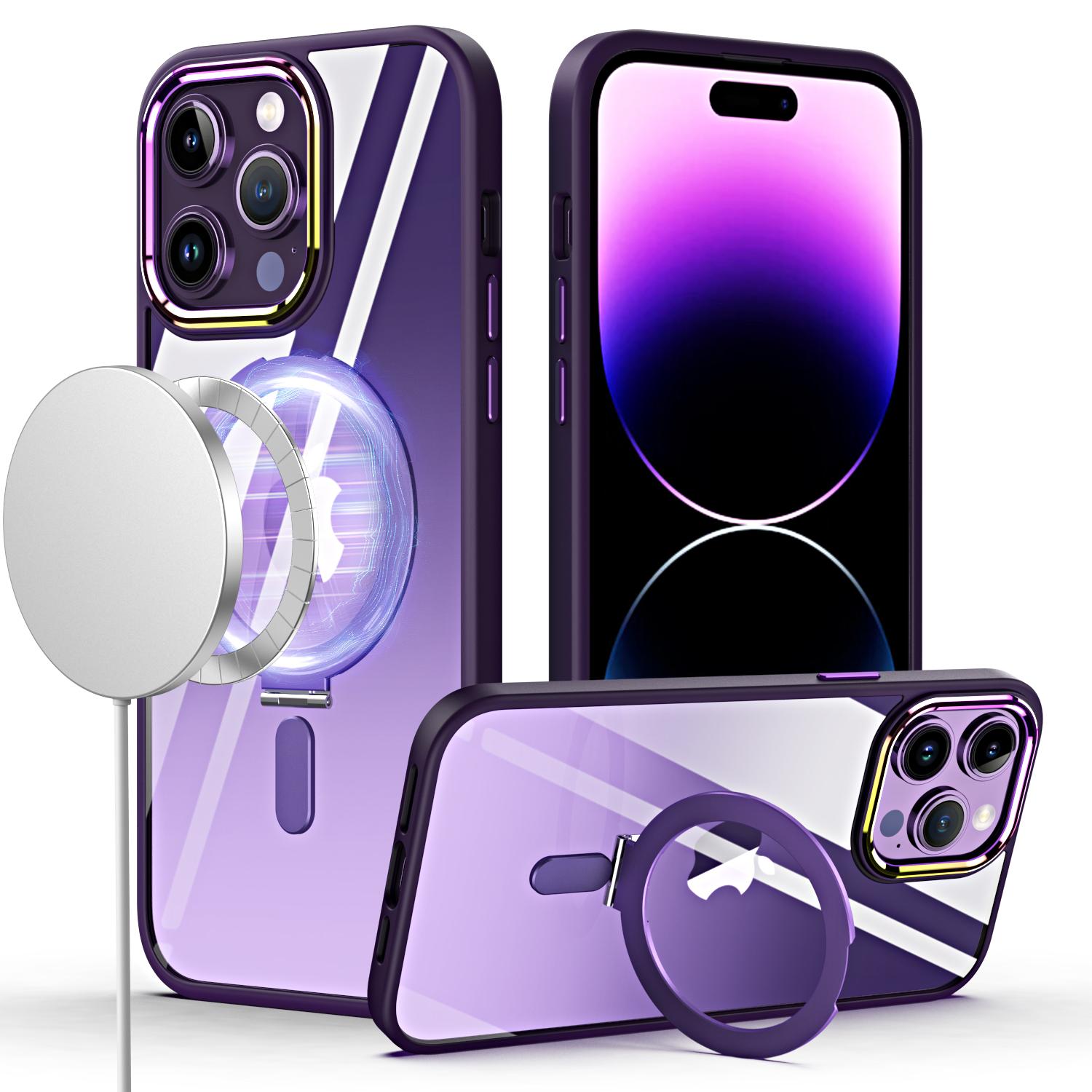 iPhone 15 Dazzle Magnetic Ring Stand Alloy Chrome Transparent Hybrid Case Cover - Dark Purple